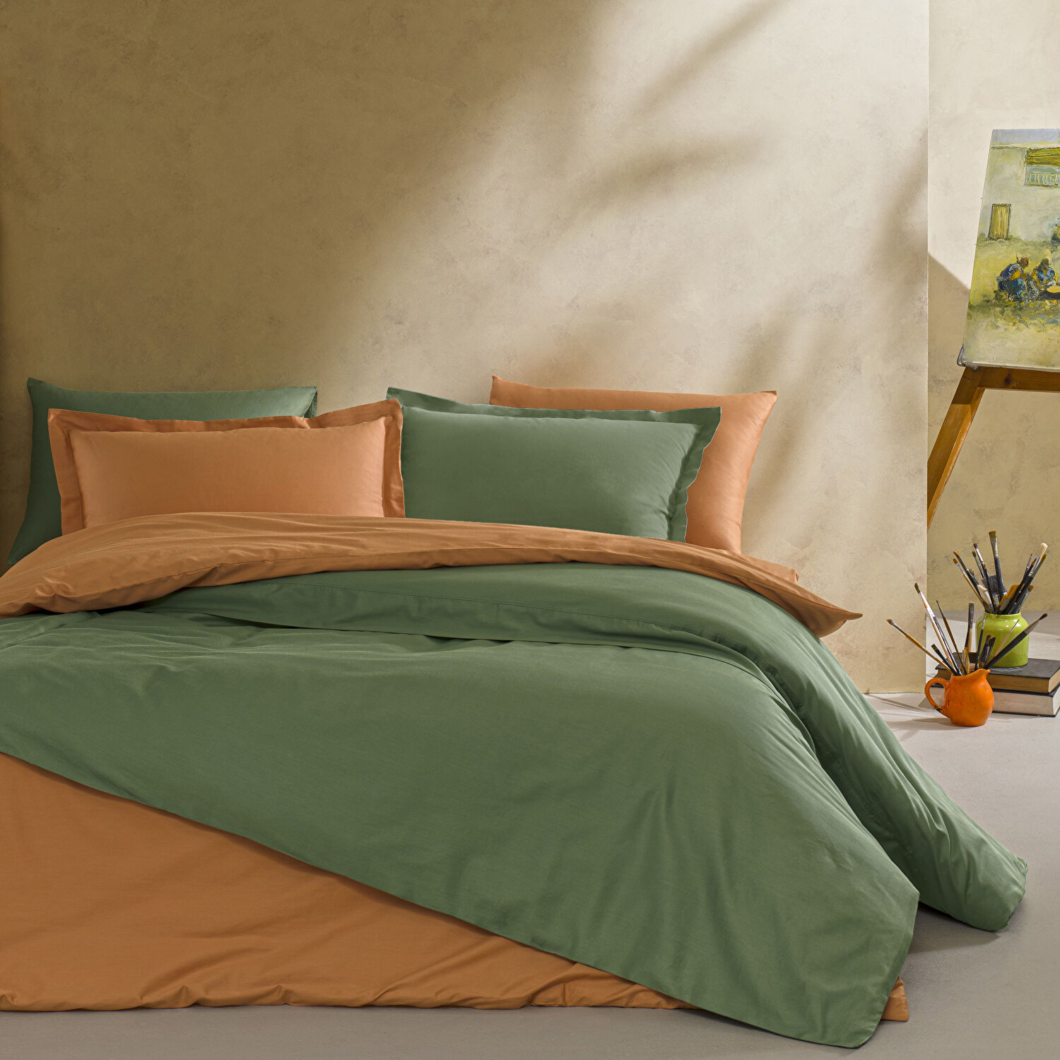 Linens Mix&Match Pamuk King Size Saten Nevresim Kılıfı Koyu Yeşil