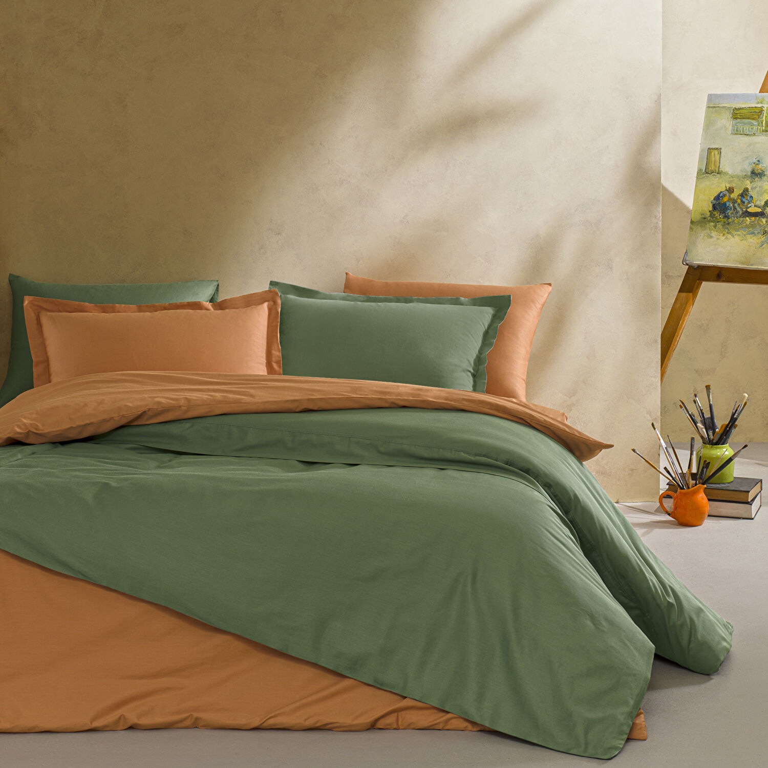 Linens Mix&Match Pamuk King Size Saten Nevresim Kılıfı Koyu Yeşil