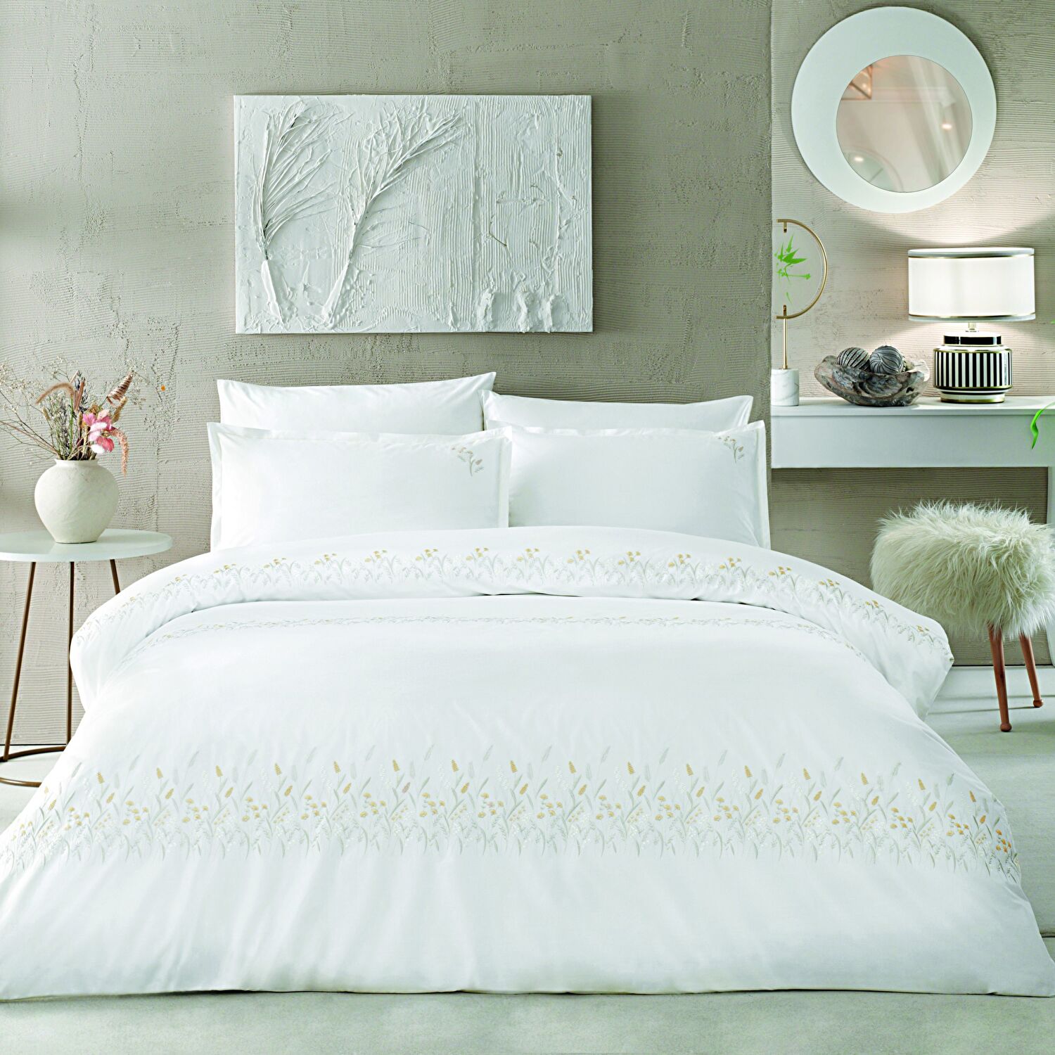 Linens Premium Chıffon Pamuk Brode King Nevresim Takımı Beyaz