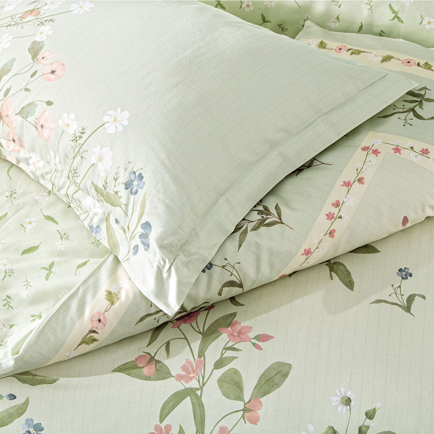 Linens Jumble Pamuk Saten King Nevresim Takımı Yeşil