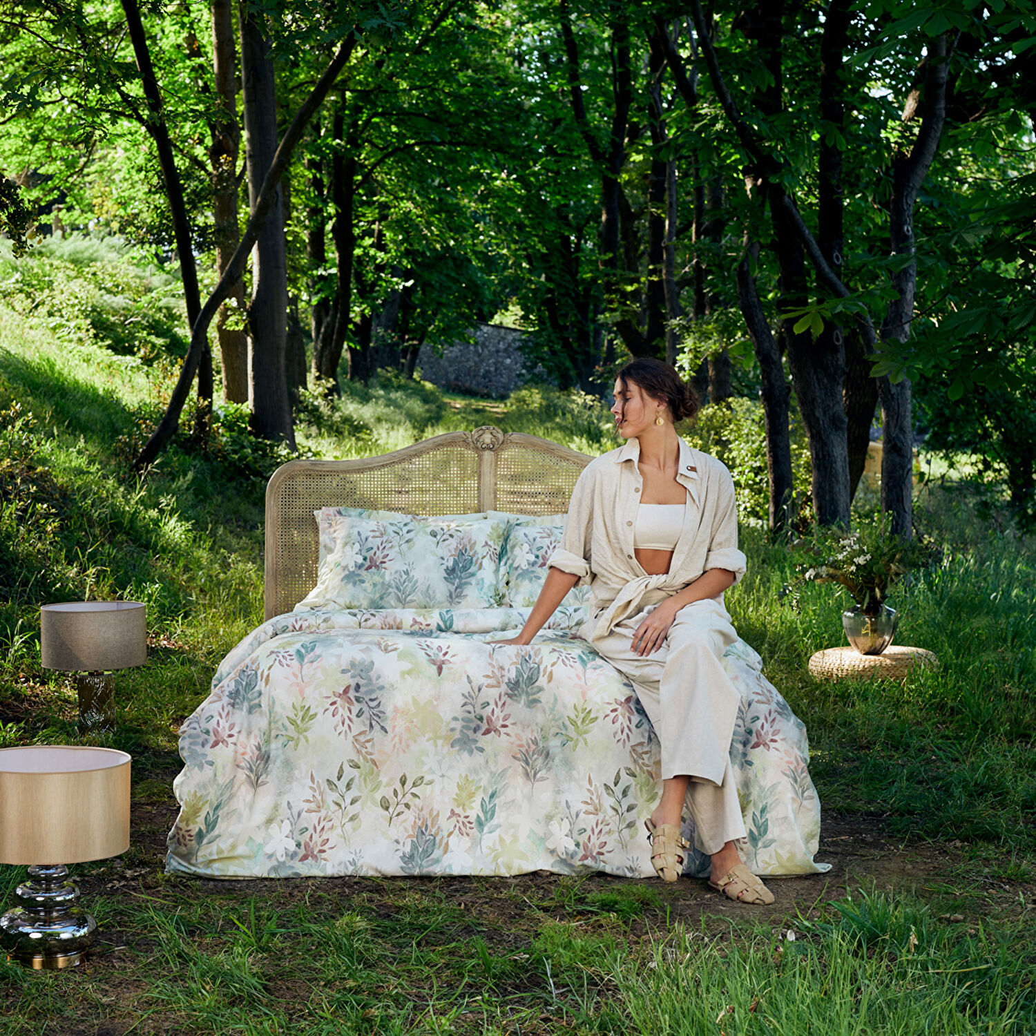 Linens Wisteria Pamuk Saten Çift Kişilik Nevresim Takımı Yeşil