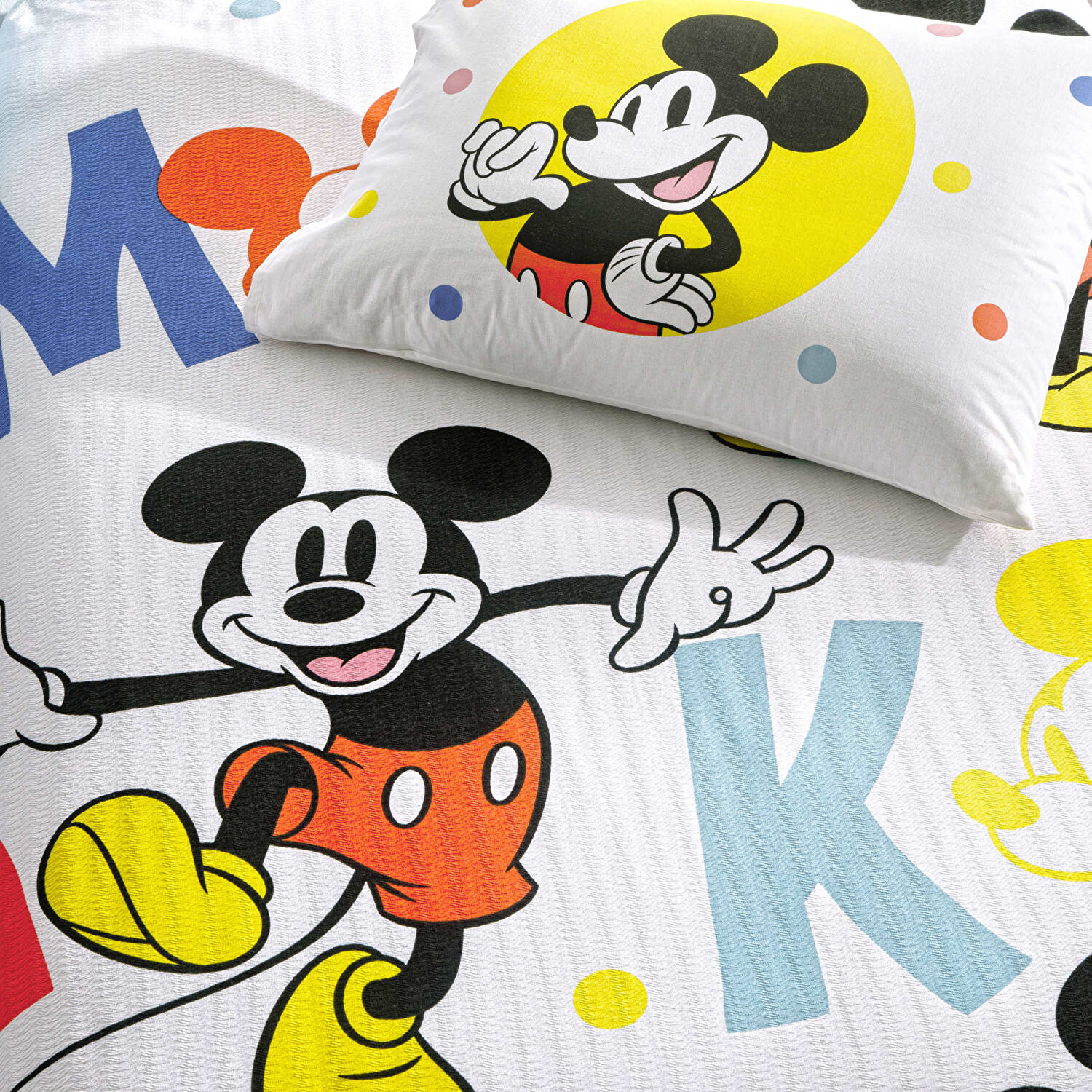 Taç Lisanslı Mickey Mouse Happy Tek Kişilik Pamuk Pike Takımı