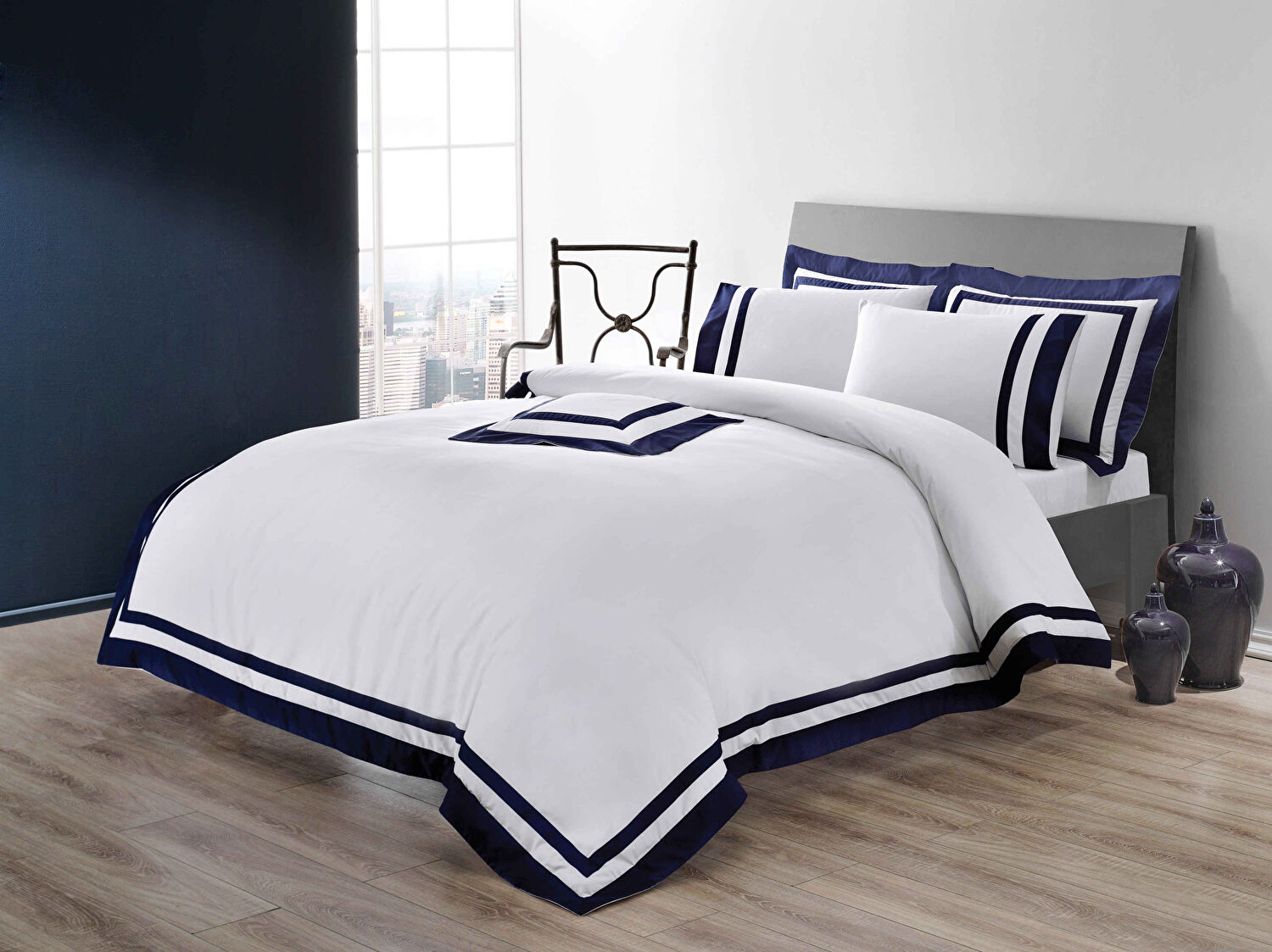 Valeron Nouveau Saten King Nevresim Takımı Lacivert