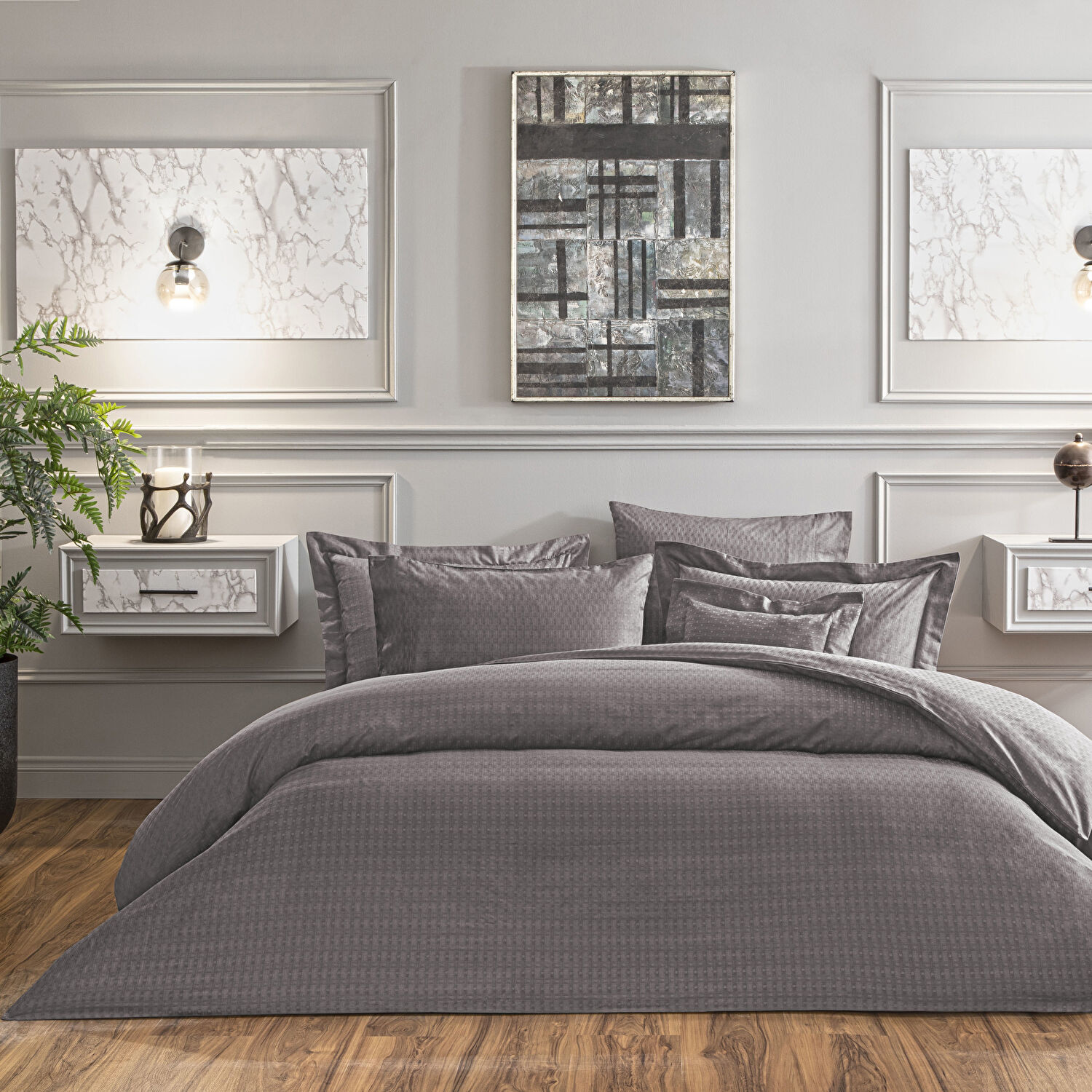 Valeron Davis Jakar Süper King Nevresim Takımı Antrasit