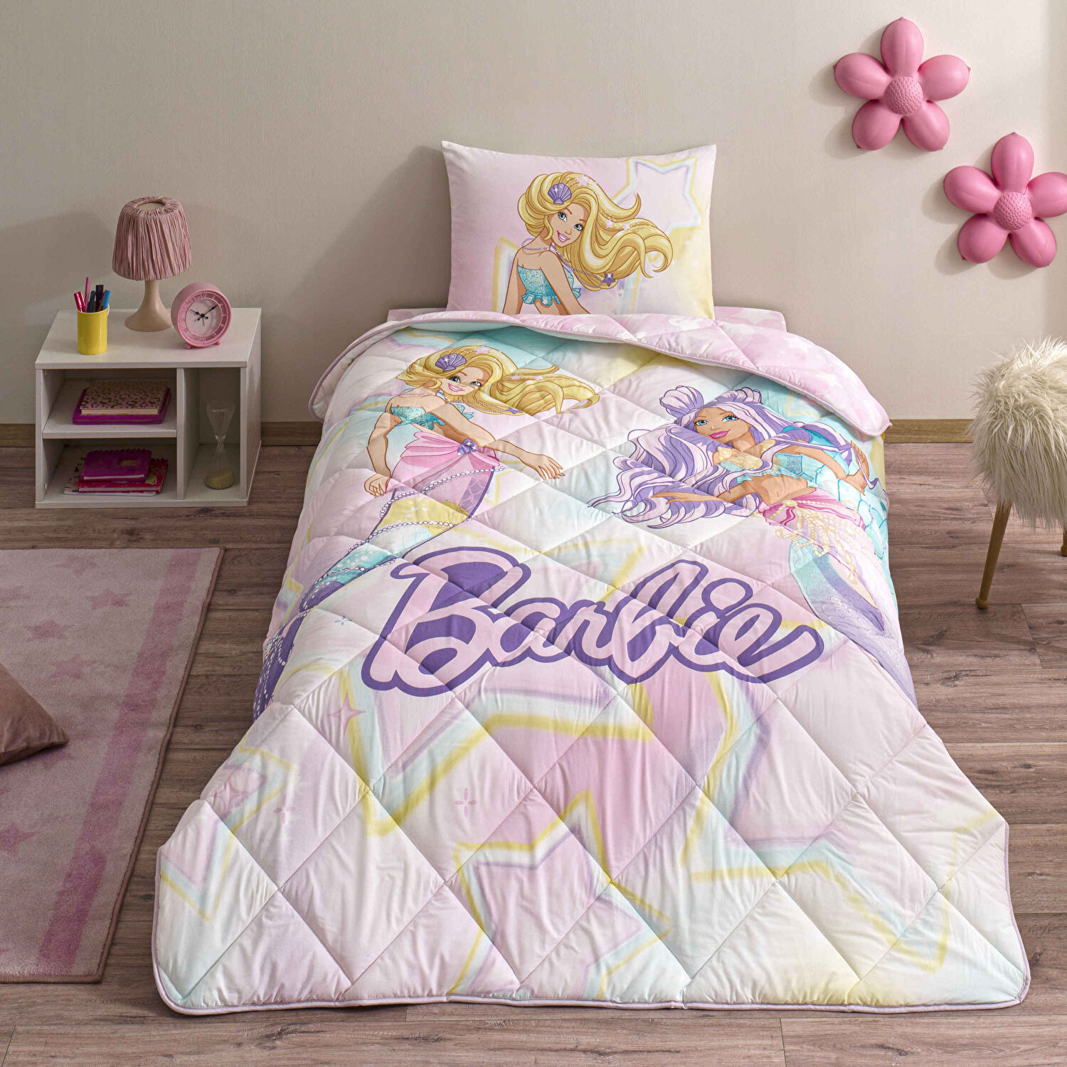 Taç Lisanslı Barbie Mermaid Tek Kişilik Pamuk Yorgan Seti