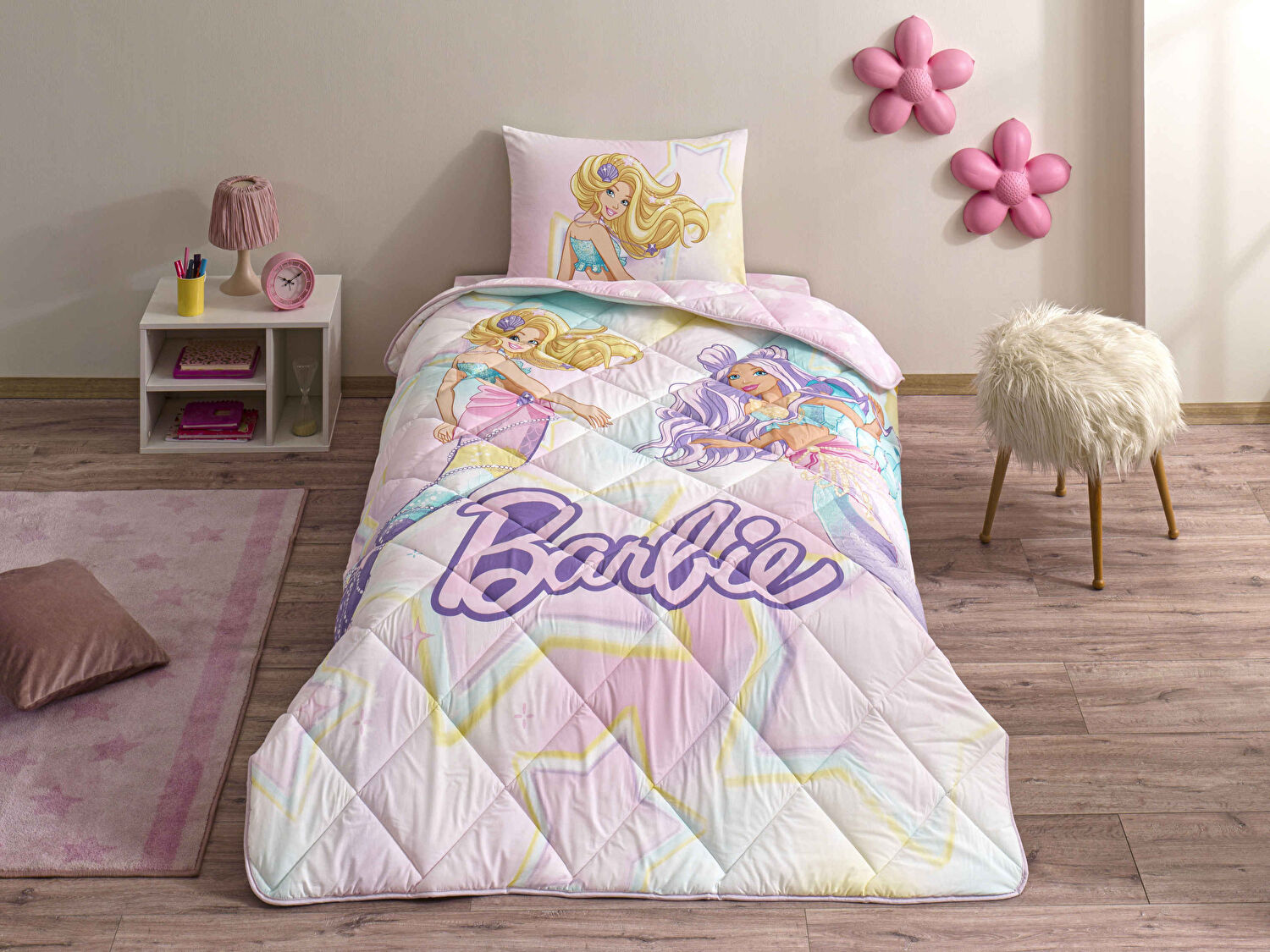 Taç Lisanslı Barbie Mermaid Tek Kişilik Pamuk Yorgan Seti
