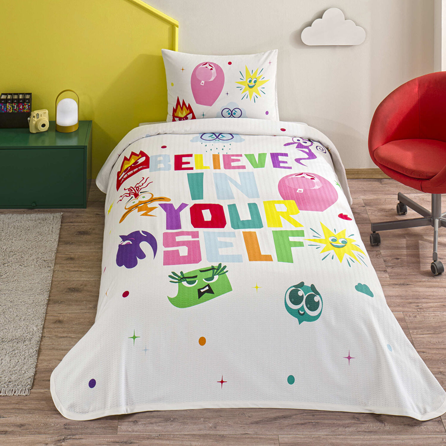 Taç Lisanslı Disney Inside Out Tek Kişilik Pamuk Pike Takımı