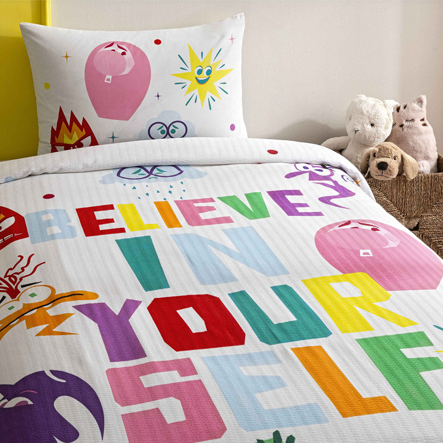 Taç Lisanslı Disney Inside Out Tek Kişilik Pamuk Pike Takımı