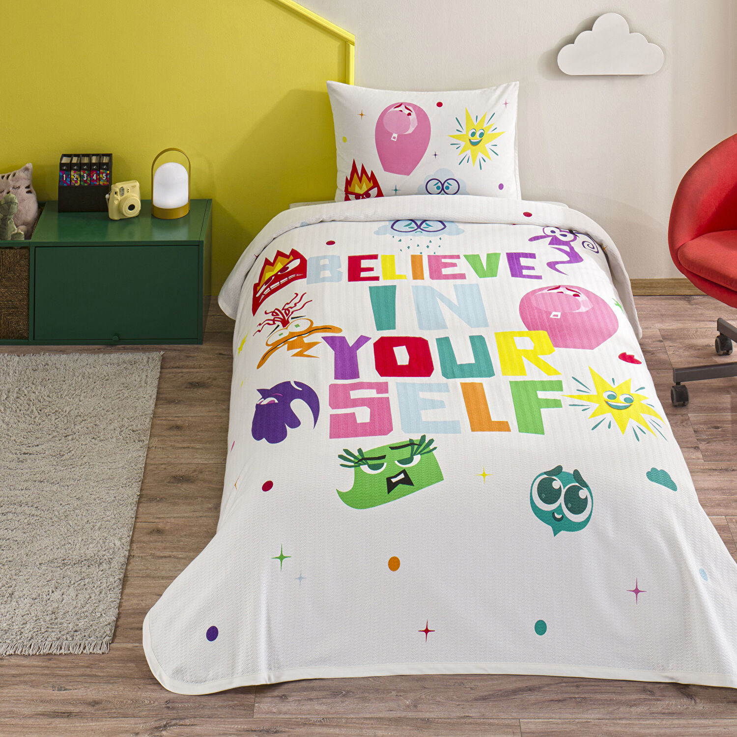 Taç Lisanslı Disney Inside Out Tek Kişilik Pamuk Pike Takımı