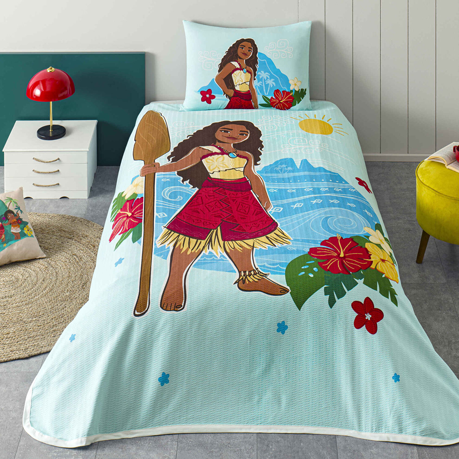 Taç Lisanslı Disney Moana Island Tek Kişilik Pamuk Pike Takımı