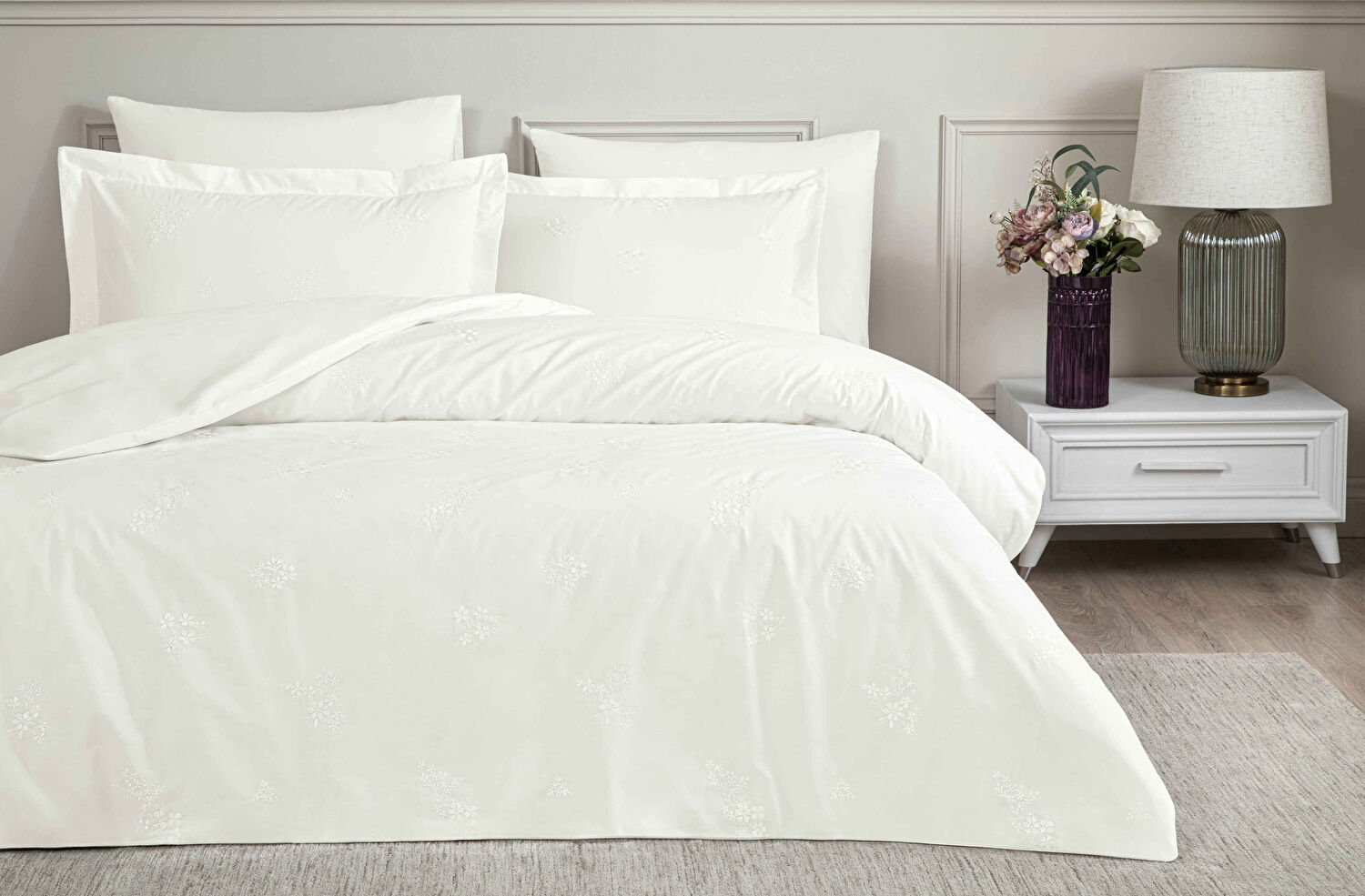 Linens White Collection Asper UC Pamuk Brode Çift Kişilik Nevresim Takımı Beyaz