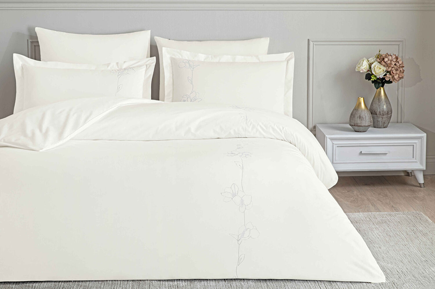 Linens White Collection Magnela UC Pamuk Brode Çift Kişilik Nevresim Takımı Beyaz