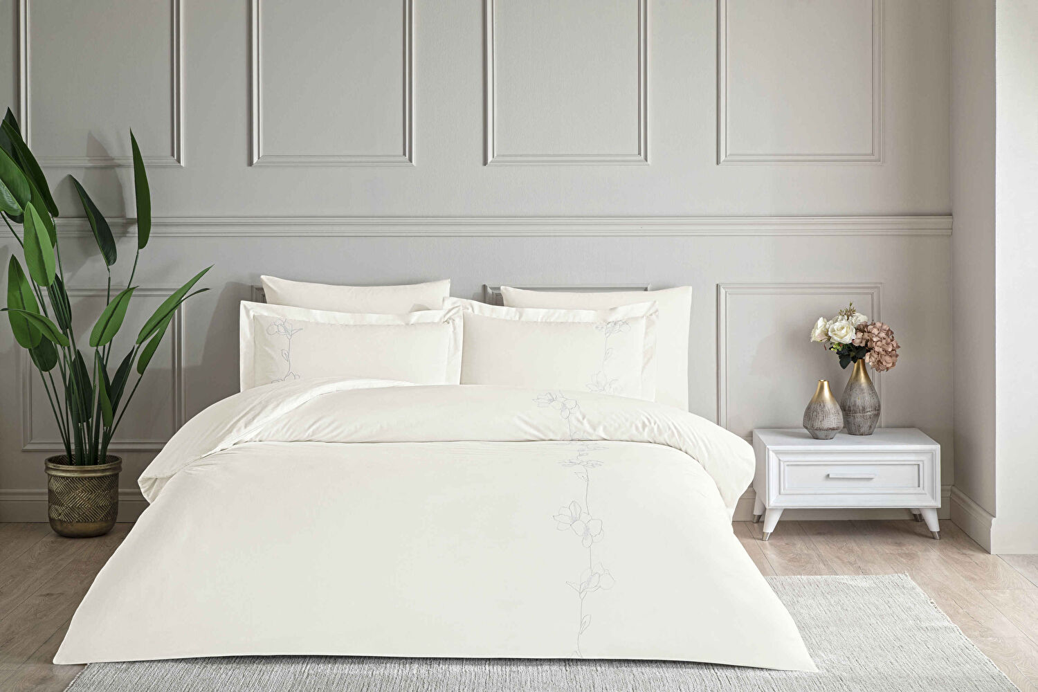 Linens White Collection Magnela UC Pamuk Brode Çift Kişilik Nevresim Takımı Beyaz
