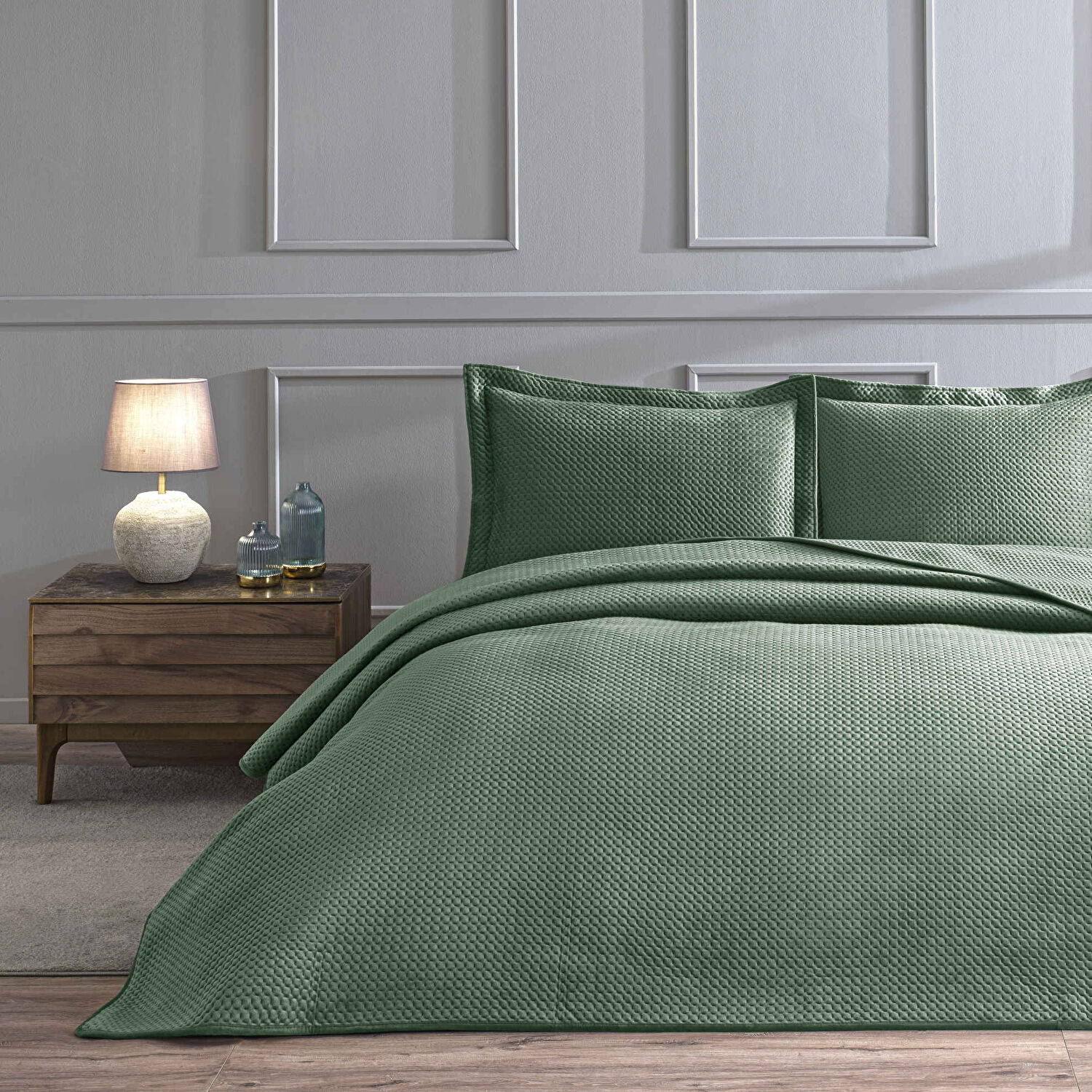 Linens Glace Çift Kişilik Yatak Örtüsü Seti Koyu Yeşil