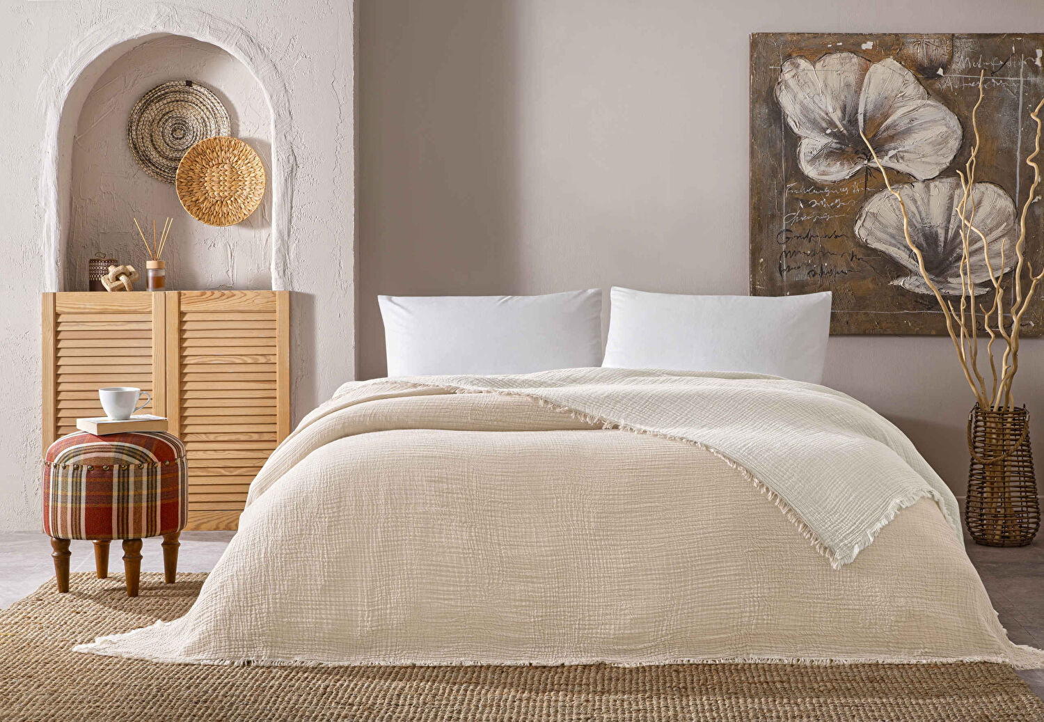 Linens Coraux Pamuk Muslin Çift Kişilik Pike Bej