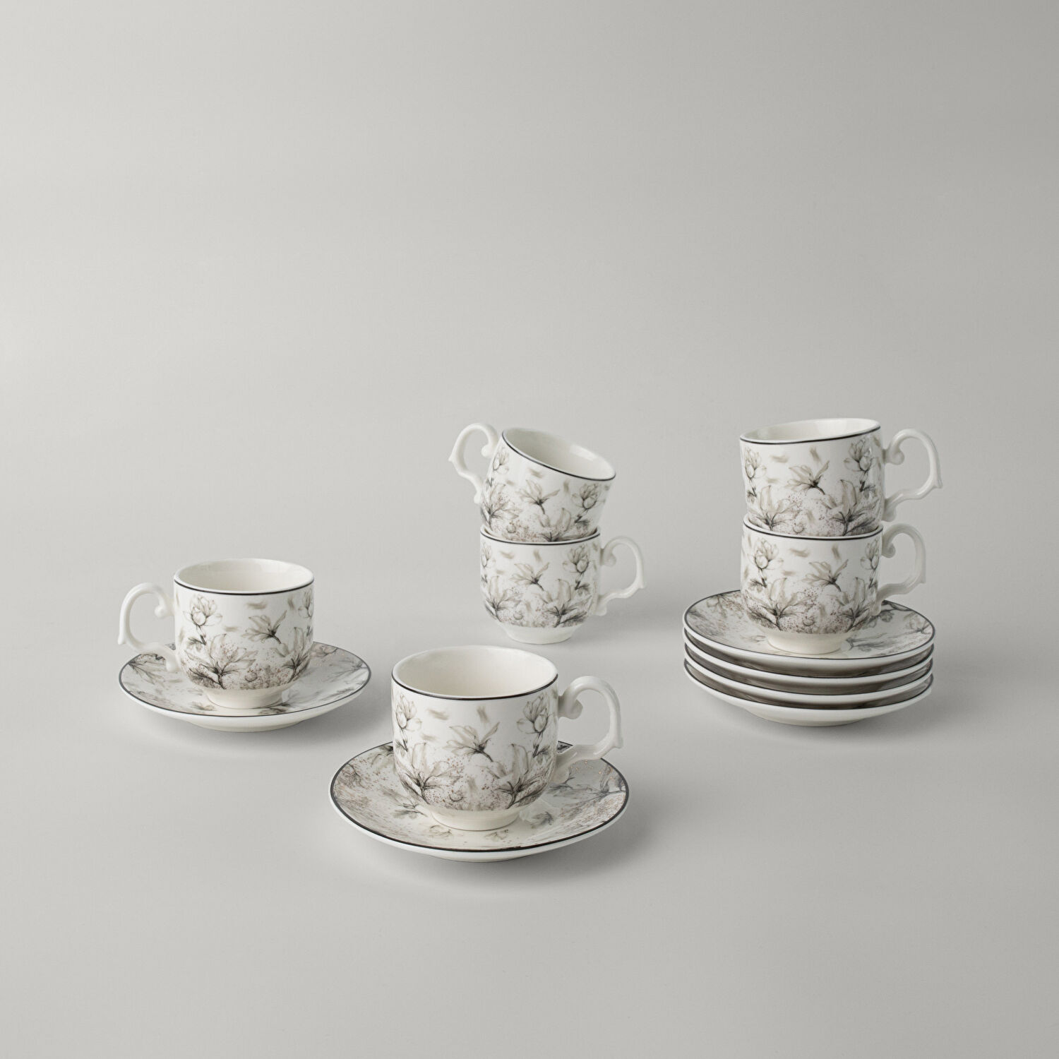 Linens Milio Porselen 6'lı 90 ml Kahve Fincan Takımı Siyah Beyaz Gold Detaylı