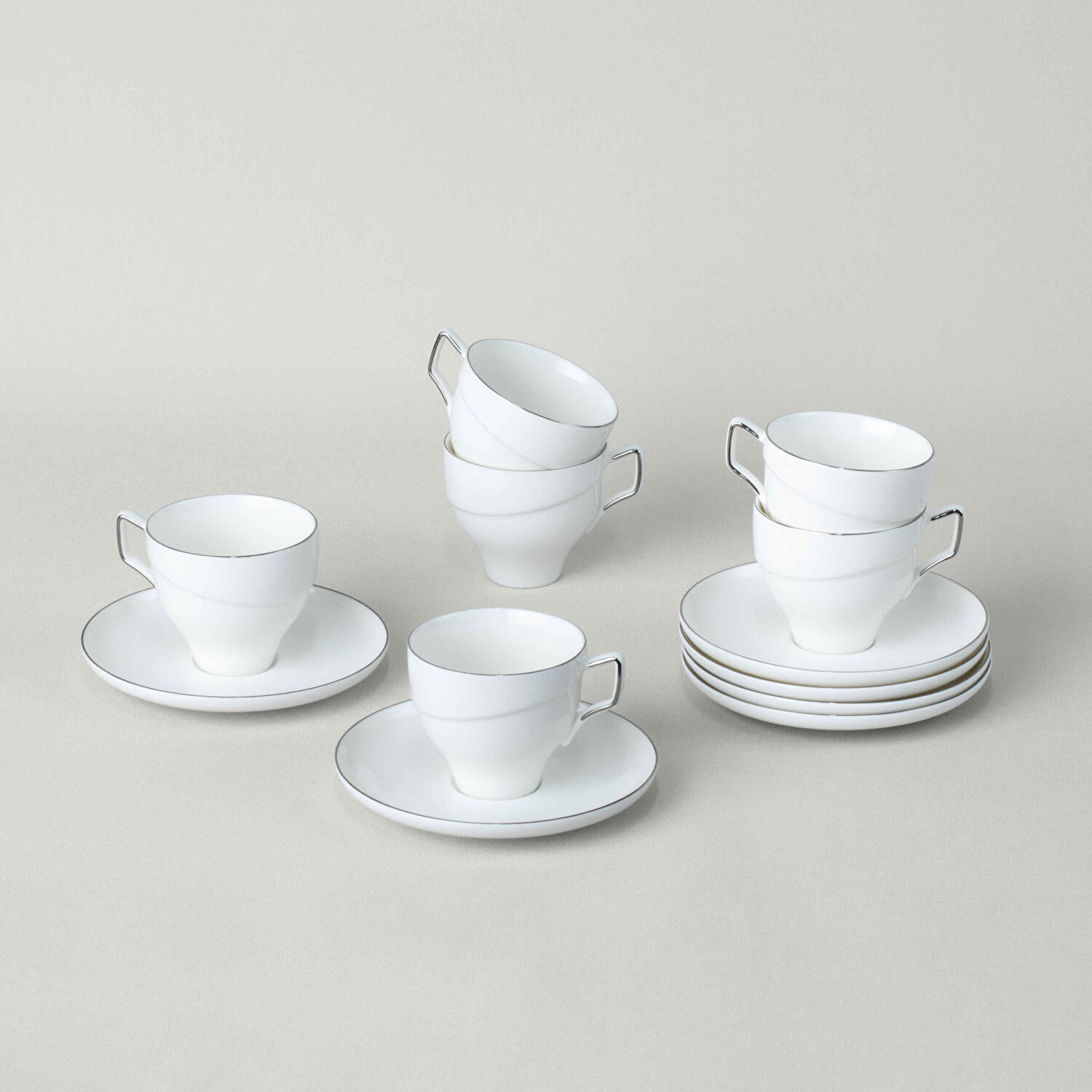 Linens Javed Porselen 6'lı 90 ml Kahve Fincan Seti Beyaz-Gümüş