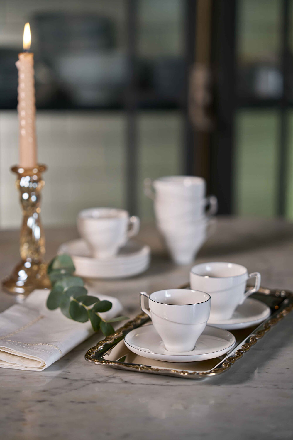 Linens Javed Porselen 6'lı 90 ml Kahve Fincan Seti Beyaz-Gümüş