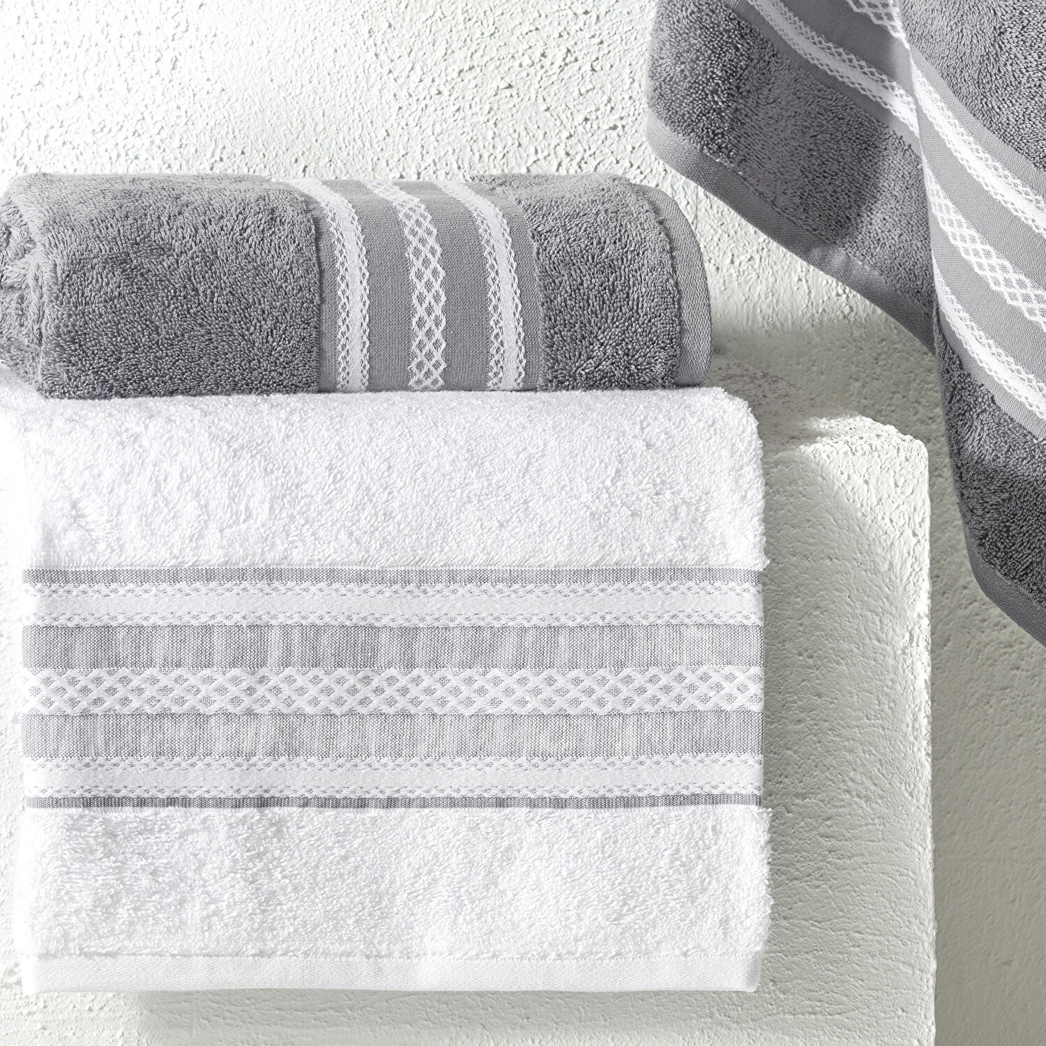 Taç Rope Pure Cotton Pamuk Hamam Seti Beyaz Antrasit