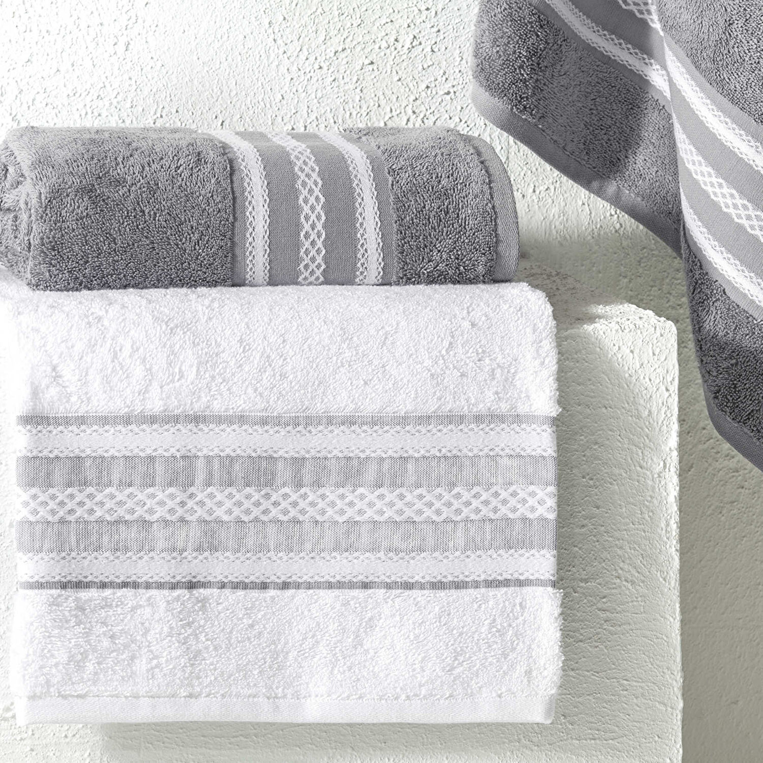 Taç Rope Pure Cotton Pamuk Hamam Seti Beyaz Antrasit