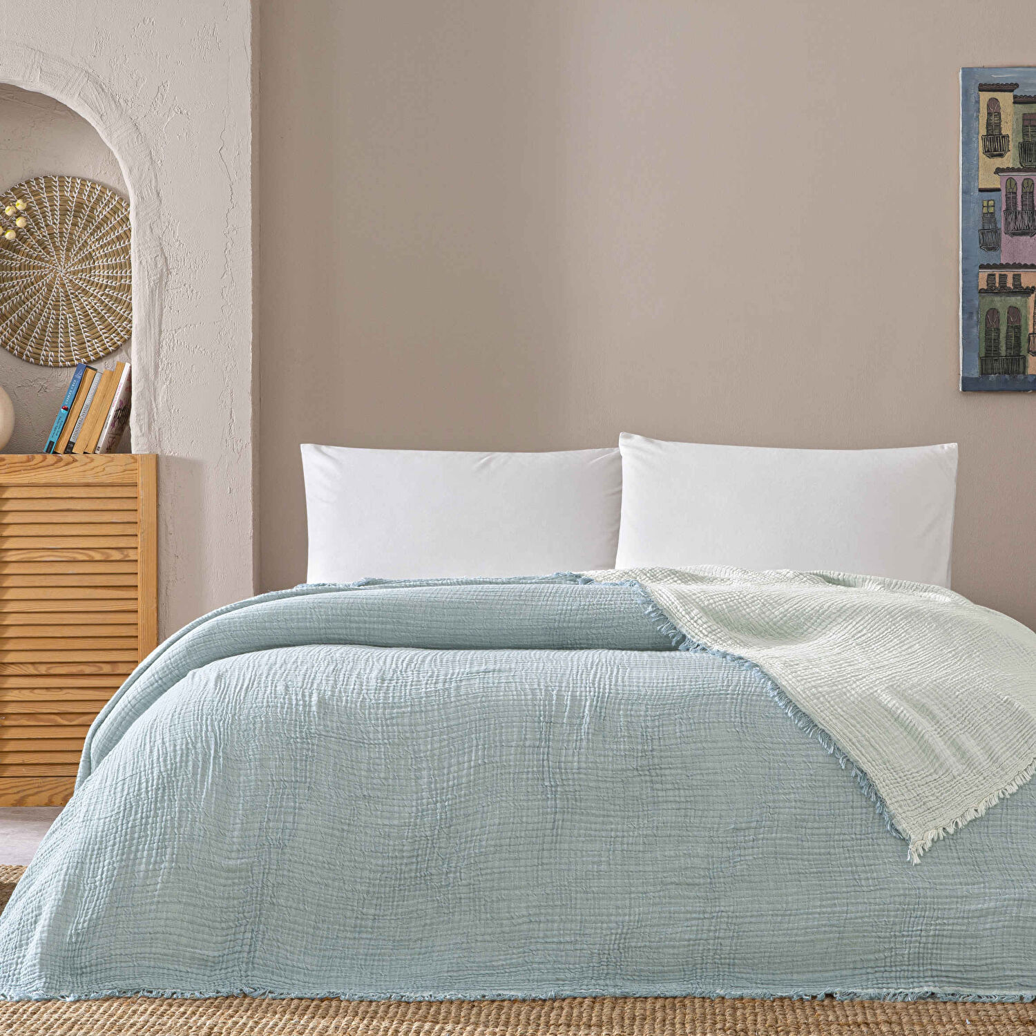 Linens Coraux Pamuk Muslin Çift Kişilik Pike Mavi