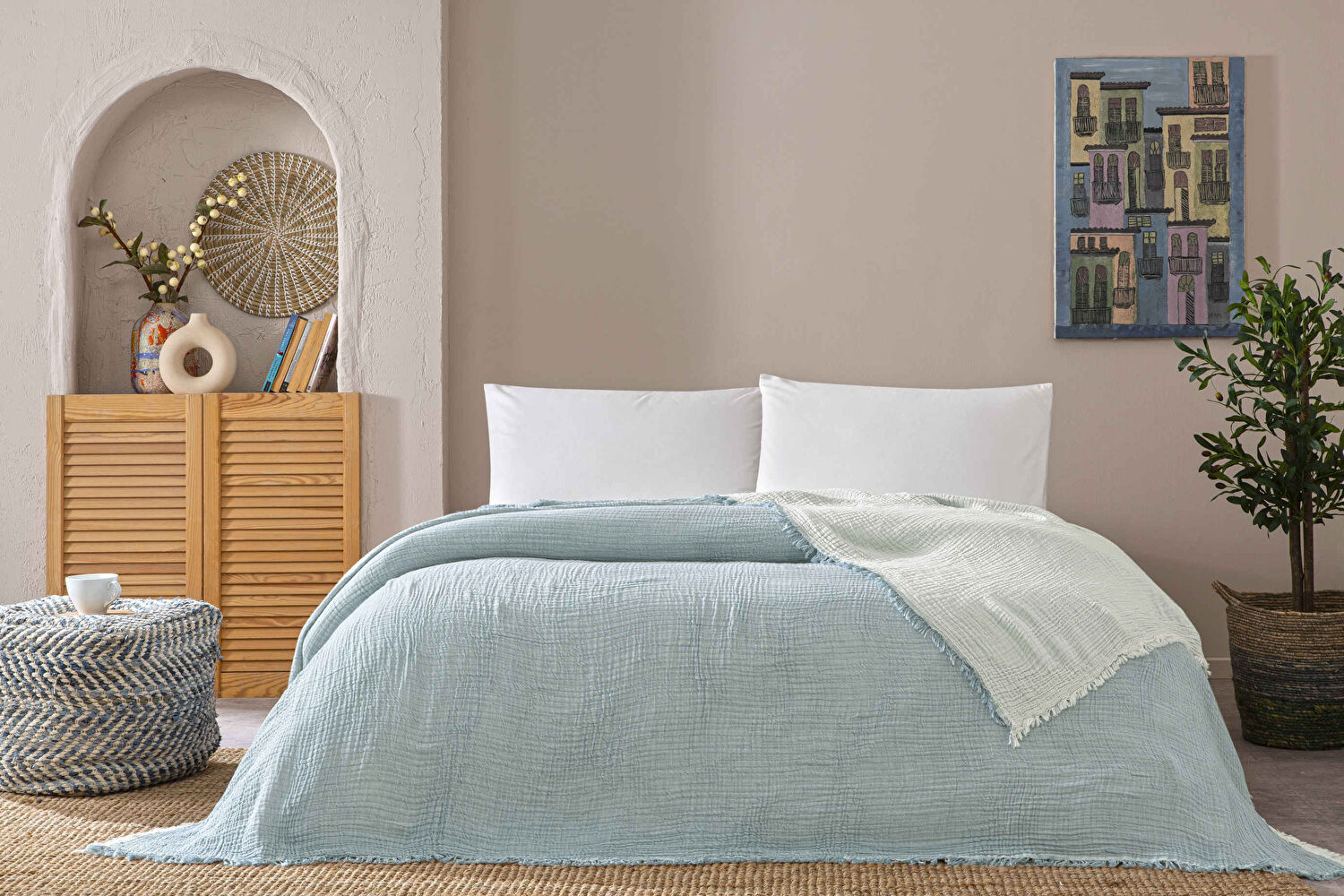 Linens Coraux Pamuk Muslin Çift Kişilik Pike Mavi