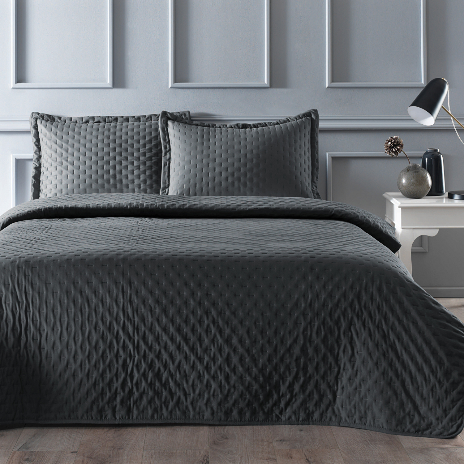 Linens Gardenia Çift Kişilik Yatak Örtüsü Seti Antrasit