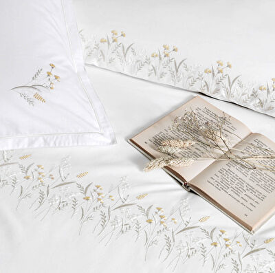 Linens Premium Chıffon Pamuk Brode Çift Kişilik Nevresim Takımı Beyaz