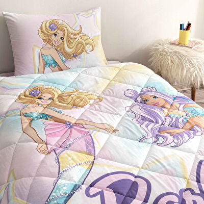 Taç Lisanslı Barbie Mermaid Tek Kişilik Pamuk Yorgan Seti