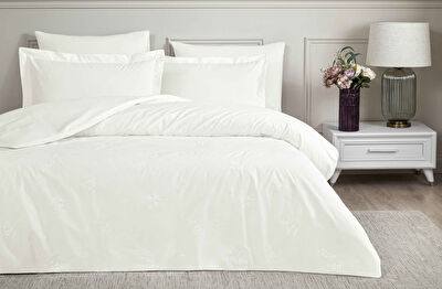 Linens White Collection Asper UC Pamuk Brode Çift Kişilik Nevresim Takımı Beyaz